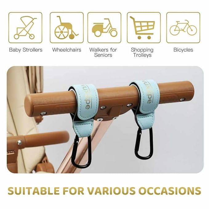 2 Pack Stroller Hooks for Hanging Diaper Bags and Shopping Bags, Accessories for Stroller and Shopping Cart, Heavy Duty Durable Large Carabiner, Advanced Faux Leather, Baby Blue