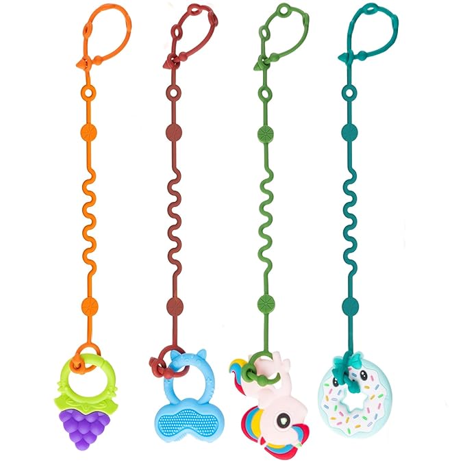 Toy Straps for Baby, 5pcs Adjustable Toy Holder for Stroller Accessories, Silicone Tether Pacifier Clip, No Throw Travel Essential Leash for High Chair, Car Seat (4-Pack)