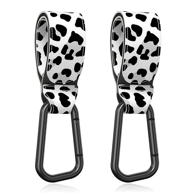 Baby Stroller Hooks for Hanging Bags, Universal Stroller Clips Accessories, Mommy Hook for Diaper Bag, Shopping Cart, Purse, Backpack - 2 Pack, Cow Spots