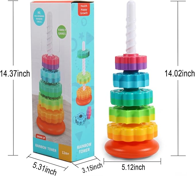 Baby Spinning Stacking Toys, Spin ABS Plastic and Color Rainbow Design Ring Stacker Baby Toys 6 to 12 Months Montessori Educational Learning Autism Sensory Toys for Boys and Girls Baby