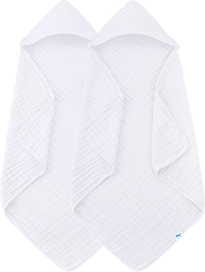 SWEET DOLPHIN Muslin Hooded Baby Bath Towels - 2 Pack 100% Cotton Towel for Babies, Infants, Toddlers - 32x32Inch - Highly Absorbent and Newborn Essential, White