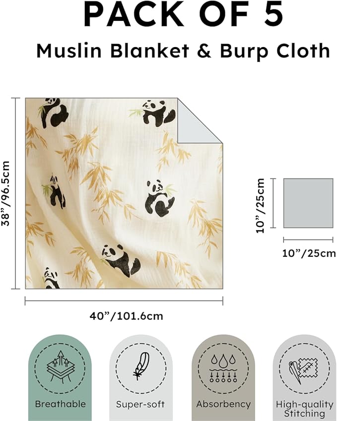 5 Pack Muslin Swaddle Blankets & Baby Burp Cloths, Soft & Breathable Cotton Baby Blankets, Receiving Blankets for Newborn, Nursery Infant Essentials, Swaddling Wrap for Unisex (Grey & Khaki)