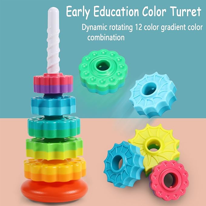 Baby Spinning Stacking Toys, Spin ABS Plastic and Color Rainbow Design Ring Stacker Baby Toys 6 to 12 Months Montessori Educational Learning Autism Sensory Toys for Boys and Girls Baby