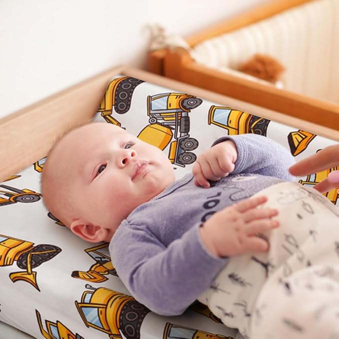 4 Pack Baby Boy Changing Pad Covers Sheets Set Soft Fitted Baby Boy Mattress Covers Construction Truck or Dinosaur Theme Breathable Toddler Sheets for Infant (Construction Truck, Changing Pad Covers)