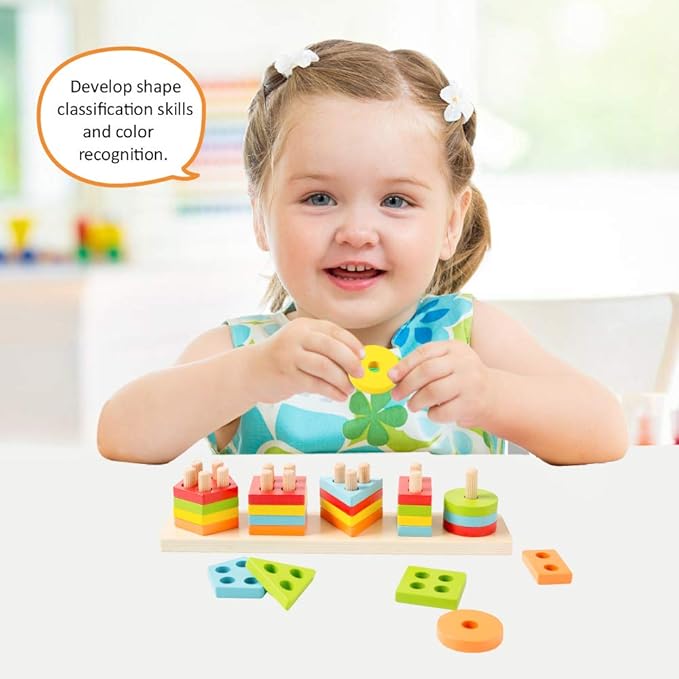 Wood City Wooden Montessori Toys for 1 2 3 Year Old Boys Girls Toddlers, Sorting & Stacking Toys for Toddlers and Kids Preschool, Educational Color Recognition Shape Sorter, Learning Puzzles Gift