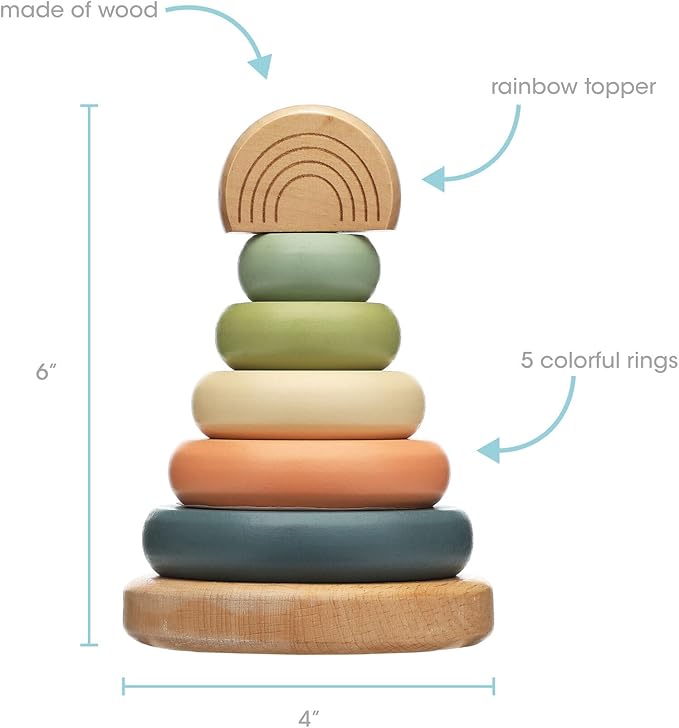 Pearhead Wooden Stacking Rainbow Toy, Montessori Learning Rings for Babies and Toddlers 12+ Months, Color Sorting Play, Nursery Decor, Spring Easter Basket Gift