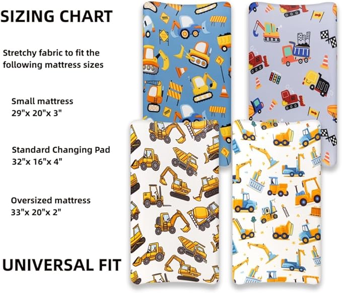 4 Pack Baby Boy Changing Pad Covers Sheets Set Soft Fitted Baby Boy Mattress Covers Construction Truck or Dinosaur Theme Breathable Toddler Sheets for Infant (Construction Truck, Changing Pad Covers)
