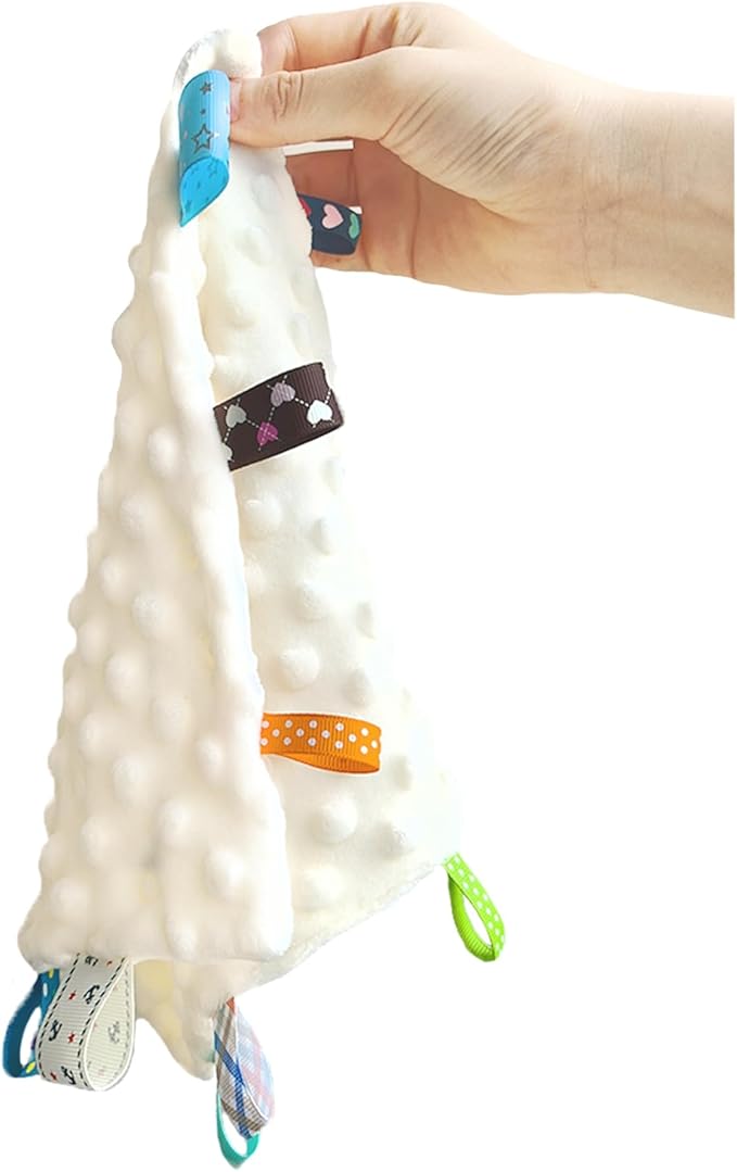 CREVENT Tag Security Blankets for Babies, Soft Small Loveys for Girls, Baby Comforter Sensory Blanket, Great Gifts for Birthday Baby Shower 10"X10" (Dinosaur+Ivory)