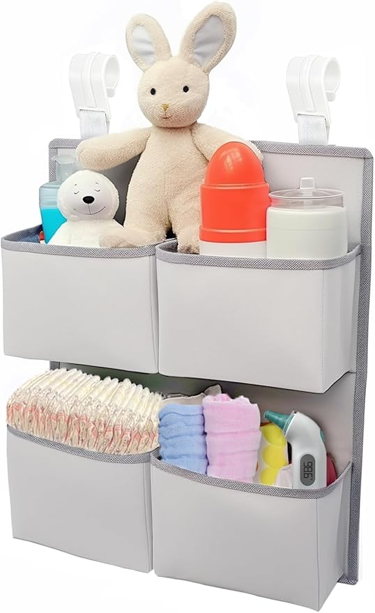 Hanging Diaper Organizer for Crib/Playard/Bassinet – H19 x L15 Hold 80+ Diapers - Changing Table Diaper Holder - Hanging Diaper Stacker Nursery Caddy Organizer for Boy or Girl (Silver-grey)