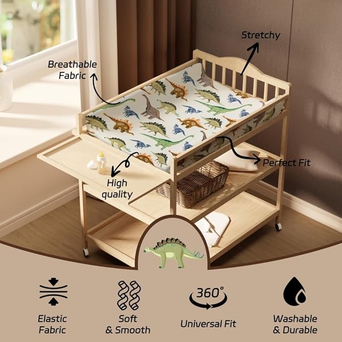 4 Pack Baby Boy Changing Pad Covers Sheets Set Soft Fitted Baby Boy Mattress Covers Construction Truck or Dinosaur Theme Breathable Toddler Sheets for Infant Boys (Dinosaur, Changing Pad Covers)