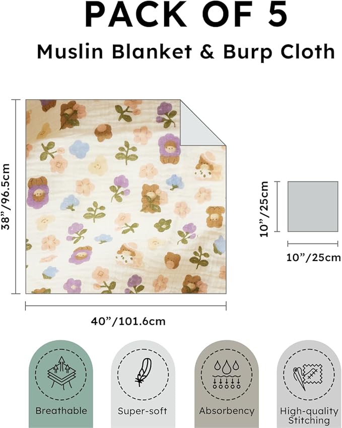 5 Pack Muslin Swaddle Blankets & Baby Burp Cloths, Soft & Breathable Cotton Baby Blankets, Receiving Blankets for Newborn, Nursery Infant Essentials, Swaddling Wrap for Unisex (Purple & White)
