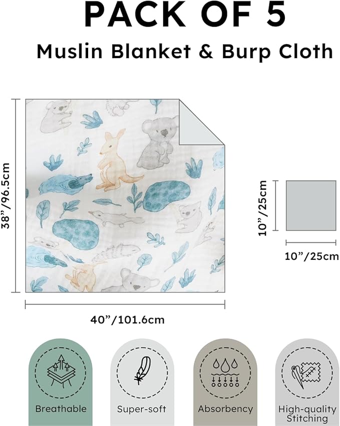 5 Pack Muslin Swaddle Blankets & Baby Burp Cloths, Soft & Breathable Cotton Baby Blankets, Receiving Blankets for Newborn Boy, Nursery Infant Essentials, Swaddling Wrap for Unisex (Blue & Teal)