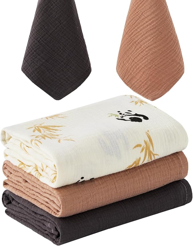 5 Pack Muslin Swaddle Blankets & Baby Burp Cloths, Soft & Breathable Cotton Baby Blankets, Receiving Blankets for Newborn, Nursery Infant Essentials, Swaddling Wrap for Unisex (Grey & Khaki)