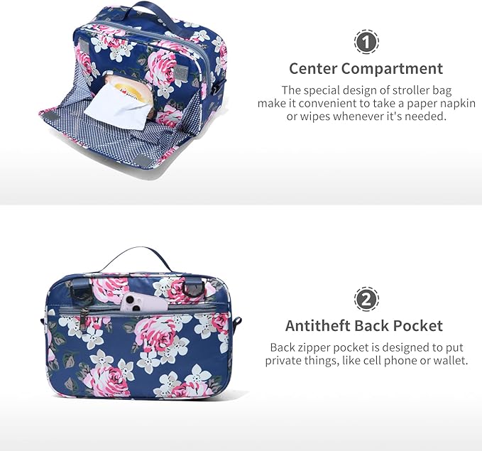 GOGOSO Baby Stroller Organizer Bag with Insulated Pocket, Universal Fit Most Strollers, Space for Diapers, Wipes & Toys Flower