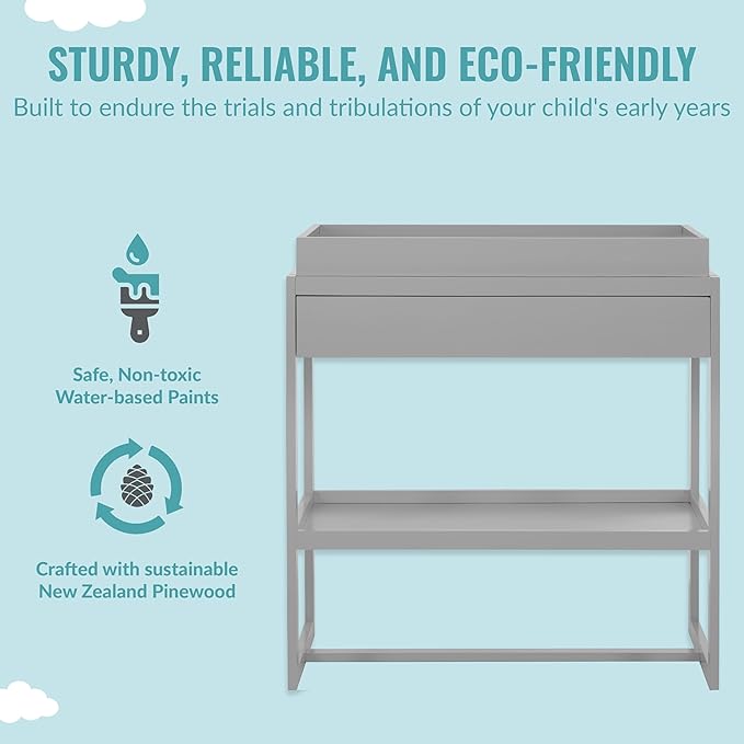 Dream On Me Arlo Changing Table in Pebble Grey – Enclosed Dressing Area with Safety Strap, Solid New Zealand Pinewood, Non-Toxic Finish, Spacious Fixed Storage Shelf, Water-Resistant 1" Changing Pad