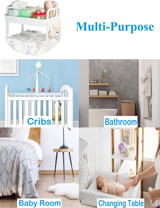 Diaper Caddy Organizer, 3-Tier Movable Diaper Cart with Wheels, Newborn Essentials Must Haves, Diaper Caddy for Wipes & Diapers, Baby Registry Search - Plastic White