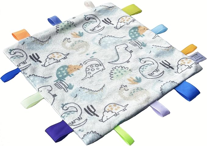 CREVENT Tag Security Blankets for Babies, Soft Small Loveys for Girls, Baby Comforter Sensory Blanket, Great Gifts for Birthday Baby Shower 10"X10" (Dinosaur+Ivory)