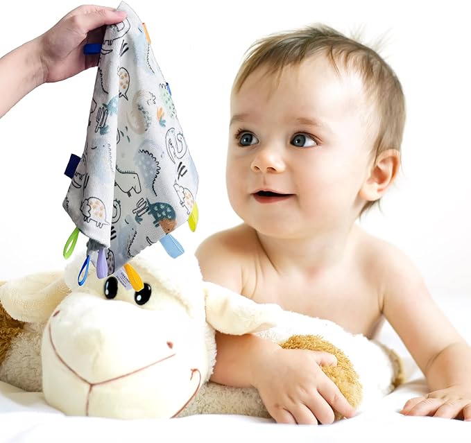 CREVENT Tag Security Blankets for Babies, Soft Small Loveys for Girls, Baby Comforter Sensory Blanket, Great Gifts for Birthday Baby Shower 10"X10" (Dinosaur+Orange)