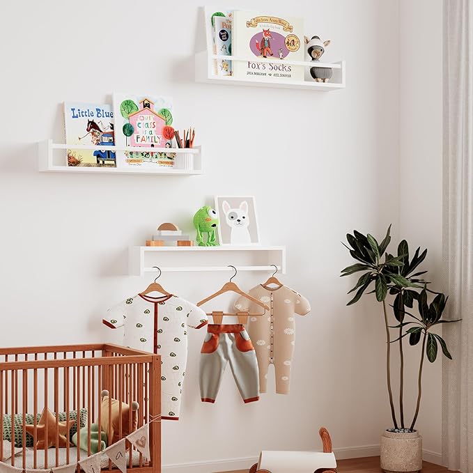 Fixwal Wood Nursery Book Shelves, 16.5 Inch Floating Bookshelves for Wall Set of 3, Baby Kids Decor, Solid Wood Wall Mounted Shelves for Books, Toys and Decor Storage (White)