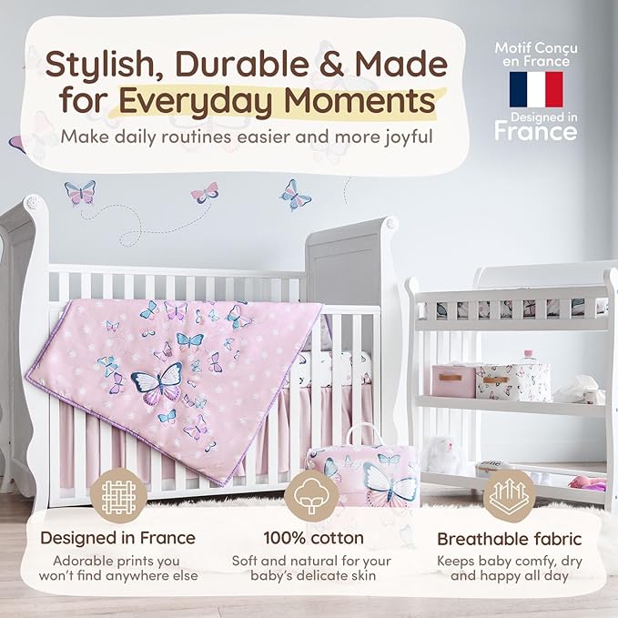 Butterfly Baby Crib Bedding Set Girl 28"x52", 8" Deep Pocket - 5 pcs Baby Bedding Set with Blanket, 2 Crib Sets for Girls Cotton Fitted Sheets, Skirt, and Butterfly Wall Sticker - White & Pink