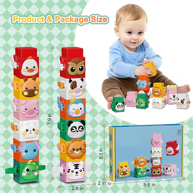 12 PCS Stacking Toys Set for Toddlers 18+ Months 1 2 3 4 Years Old Boys Girls Preschool Pressable Animals Stacking Blocks Sensory Toys with Cute Expressions Fun Easter Birthday Gifts for Kids