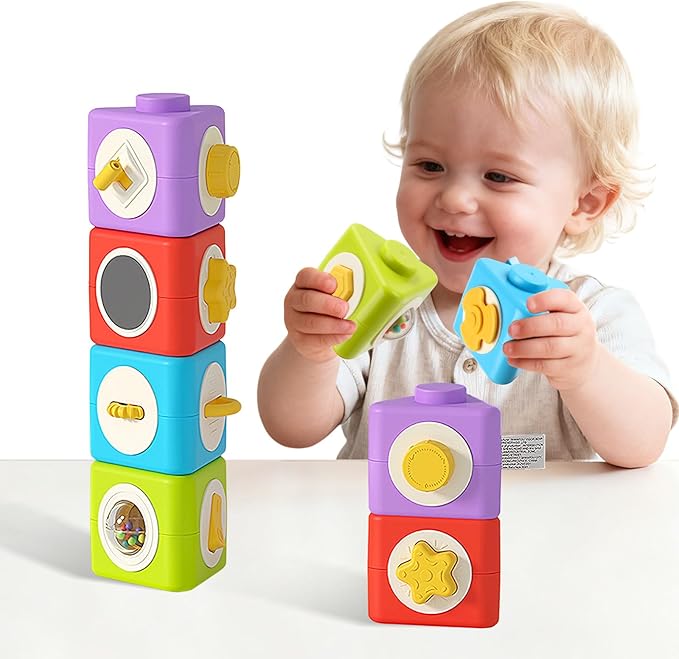 Montessori Activity Cube & Busy Board for 1 Year Old - 12-in-1 Travel Toys for Airplane & Car, Educational Activity Stacking & Sensory Toys for Toddlers 1-2, Valentine Gifts for Kids 1-2 Year Old