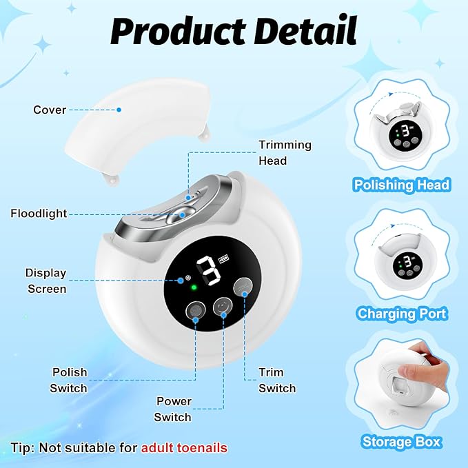 Electric Nail Clipper, Baby Nail Clipper with File & 3 Speed Gears, Baby Nail Trimmer Electric with LED Light & Storage Box, Smart Nail Clippers for Baby, Adult, Seniors