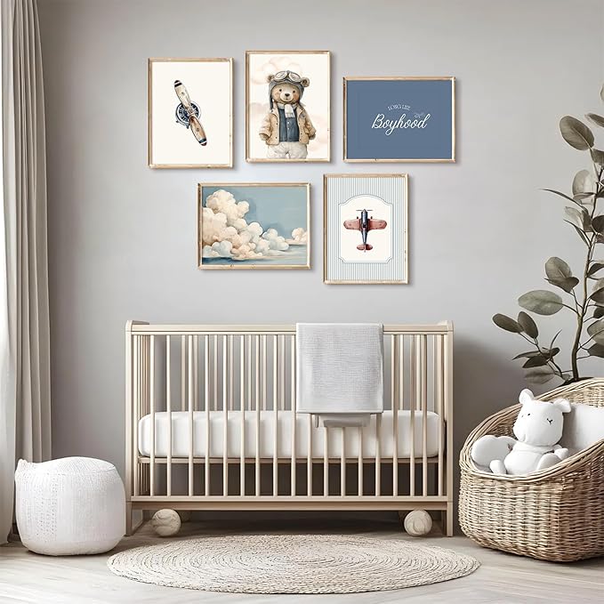 Teddy Bear Nursery Wall Art Decor Vintage Boy Room Pictures Baby Boy Nursery Canvas Wall Decor Blue Vintage Airplane Poster Kids Travel Aviation Prints for Playroom Bedroom 8x10x5 Inch Unframed