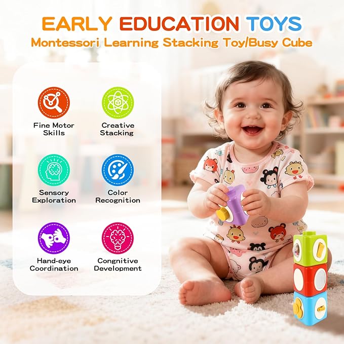 Montessori Activity Cube & Busy Board for 1 Year Old - 12-in-1 Travel Toys for Airplane & Car, Educational Activity Stacking & Sensory Toys for Toddlers 1-2, Valentine Gifts for Kids 1-2 Year Old