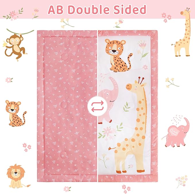 3 Piece Baby Crib Bedding Set, Infant Nursery Bed Set Decor with Quilt + Fitted Crib Sheet + Skirt, Baby Bedding Set Breathable and Soft for Baby Boy and Girl - Pink Elephant