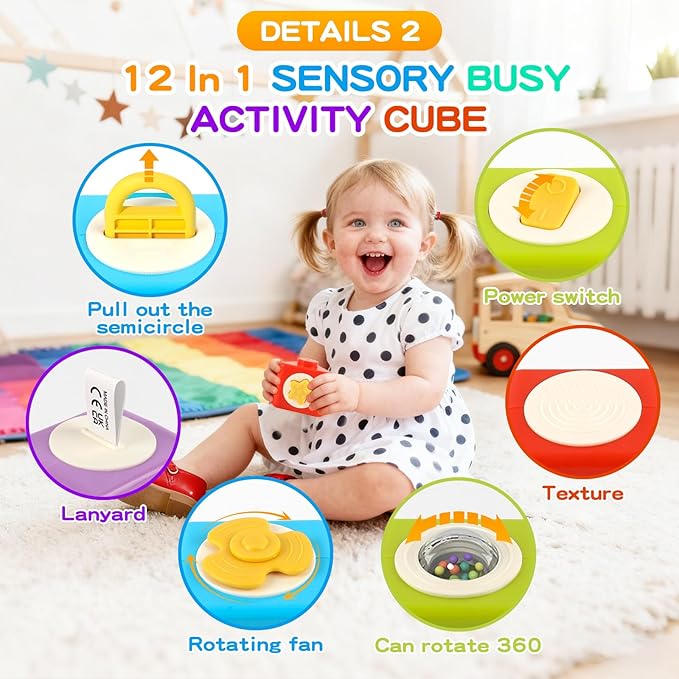 Montessori Activity Cube & Busy Board for 1 Year Old - 12-in-1 Travel Toys for Airplane & Car, Educational Activity Stacking & Sensory Toys for Toddlers 1-2, Valentine Gifts for Kids 1-2 Year Old