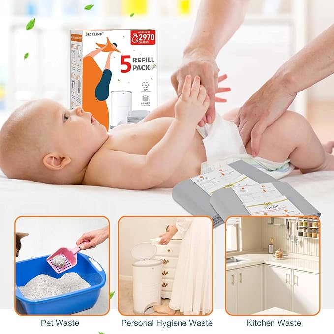 8 Pack Refills Compatible with DEKOR PLUS Diaper Pails | 20% Extra Length Diaper Pail Refill Bags Liners Holds 5568 Diapers | Ultimate Odor Control with Baby Scented