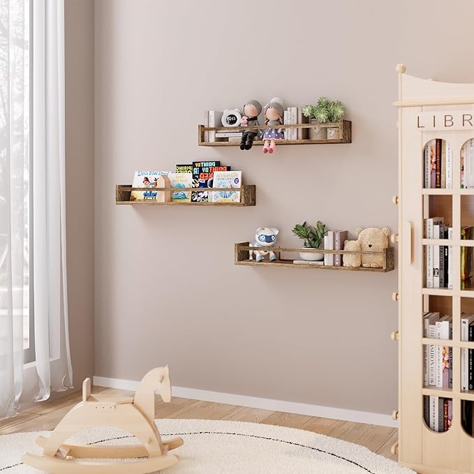 Fixwal Nursery Book Shelves for Kids Rooms, 23.6 Inch Floating Bookshelves for Wall Set of 3, Baby Nursery Decor, Solid Wood Wall Mounted Shelves for Books (Brown)