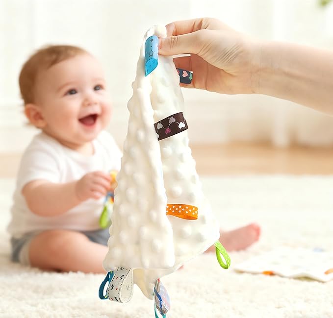 CREVENT Tag Security Blankets for Babies, Soft Small Loveys for Boys, Baby Comforter Sensory Blanket, Great Gifts for Birthday Baby Shower - 10"X10" Green + Ivory