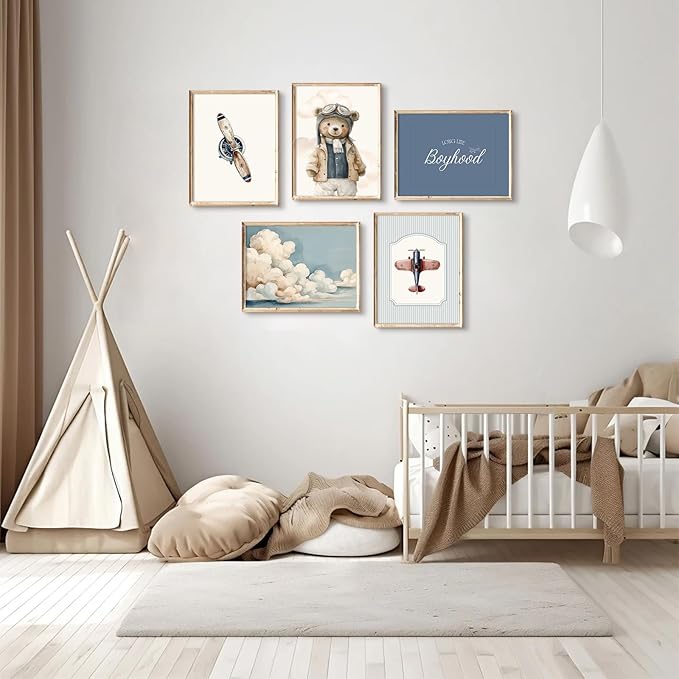 Teddy Bear Nursery Wall Art Decor Vintage Boy Room Pictures Baby Boy Nursery Canvas Wall Decor Blue Vintage Airplane Poster Kids Travel Aviation Prints for Playroom Bedroom 8x10x5 Inch Unframed