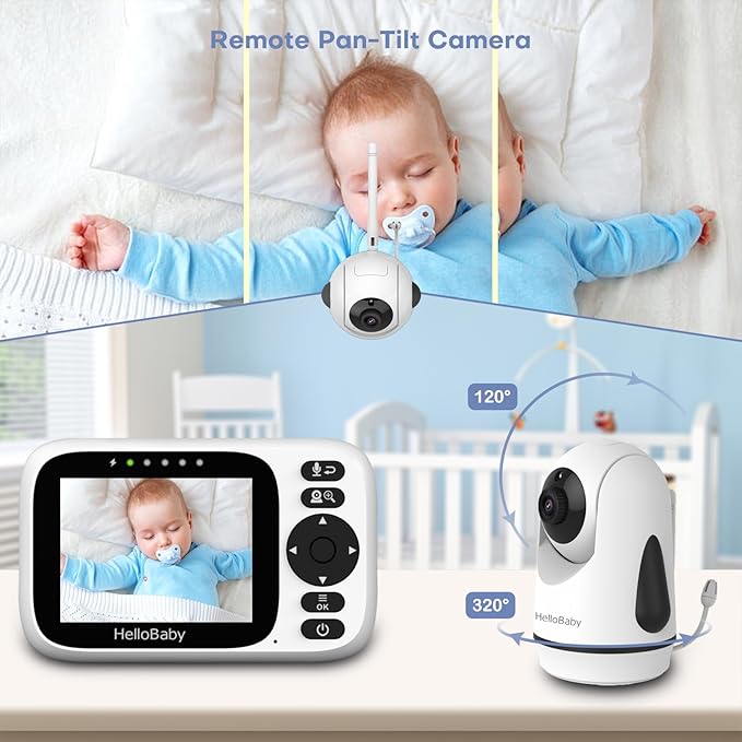 HelloBaby 3.2'' Baby Monitor 2 Cameras,Video Audio Baby Monitor No WiFi, Remote Pan-Tilt-Zoom,AUTO Night Vision, ECO, 2-Way Talk,8 Lullabies and 1000ft Range, Temperature, for Parents and Babies