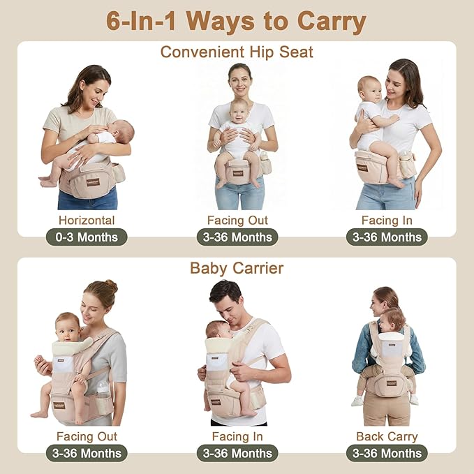 Baby Carrier with Hip Seat, 6-in-1 Baby Carrier Newborn to Toddler, Adjustable Detachable Infant Toddler Carrier, Hands-Free Baby Holder, All Seasons, Perfect for Shopping Travelling (Khaki)