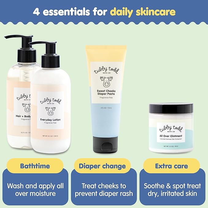 TUBBY TODD Baby Bath & Skincare Kit - The Baby Bundle - Shampoo and Body Wash, Everyday Lotion 8.5 Oz, All Over Ointment 3.5 Oz & Diaper Paste Cream 4 Oz Gift Set - Fragrance-Free