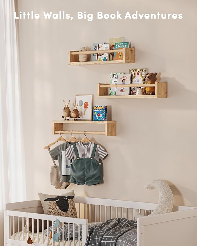 G&W Gruwald Nursery Book Shelves, Set of 3, Hanging Bookshelf, Wall Book Shelves for Bedroom Kids, Floating Shelf for Wall, Nursery Decor