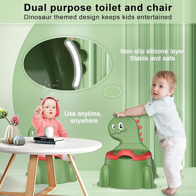 Potty Training Toilet Seat - Dinosaur Design, Portable Travel Potty with Lid, Urinal, Splash Guard, Non-Slip Pad (Green)