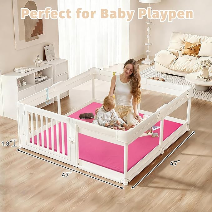Waterproof Baby Play Mat for Floor 1.3" Thick Memory Foam 47 * 47 Cushion Playpen Playmat Tummy Time Nursery Rug Pad Mattress Create Soft & Safe Area for Infants,Toddler,Kids,Hot Pink