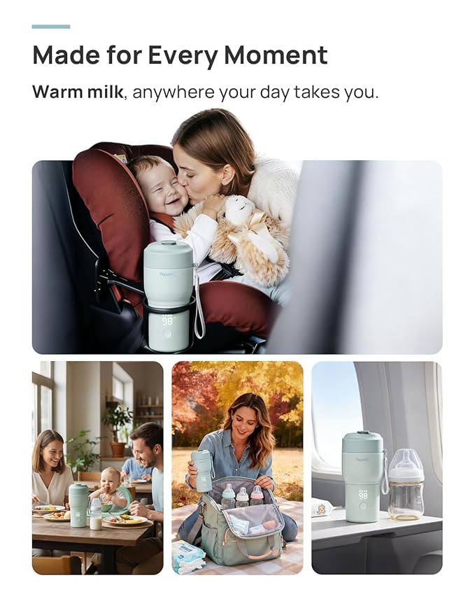 Papablic Portable Bottle Warmer Pro — 115W Fastest Heating, Built-in Sterilizer, Baby Milk Warmer On The Go for Travel and Home, 5 Temp Settings and Keep Warm for Breastmilk & Formula (Mint Green)