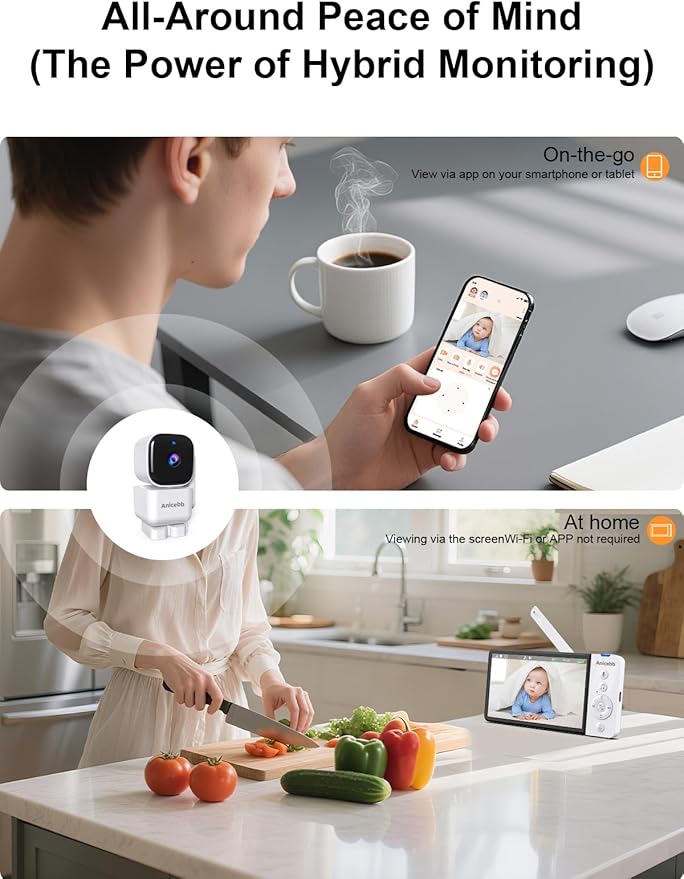 Smart Baby Monitor with App and 5" Display, Dual Mode (WiFi & No WiFi FHSS), 1080P HD Video, 360° Pan-Tilt-Zoom with Motion Tracking, 36H Battery, Cry & Temp Alerts, White Noise, Night Vision