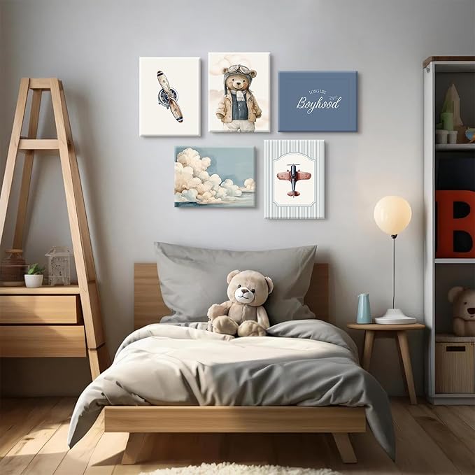 Teddy Bear Nursery Wall Art Decor Vintage Boy Room Pictures Baby Boy Nursery Canvas Wall Decor Blue Vintage Airplane Poster Kids Travel Aviation Prints for Playroom Bedroom 12x16x5 Inch Wrapped Canvas