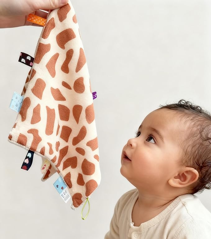 CREVENT Tag Security Blankets for Babies, Soft Small Loveys for Boys, Baby Comforter Sensory Blanket, Great Gifts for Birthday Baby Shower (10"X10" GiraffeDot+Flower+Purple+Blue)