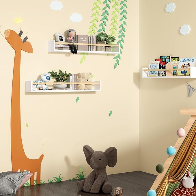 Fixwal Nursery Book Shelves, 23.6 Inch Floating Bookshelves for Wall Set of 3, Baby Nursery Decor, Solid Wood Wall Mounted Shelves for Books, Toys and Decor Storage (White and Natural Wood)