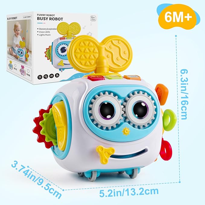 Musical Montessori Toys, Cube Sensory Toys for Toddlers 1-3 with Light-up, Baby Busy Educational Learning Activities Robot Toy for for 1 2 3 Year Old - Blue