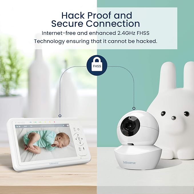 Babysense HD 5" Video Baby Monitor with Camera and Audio, No WiFi/App, Secure Closed-Loop, Night Vision, Pan-Tilt-Zoom, VOX Audio Alerts, White Noise & Lullabies, Up to 1000 ft Range, 20-Hour Battery