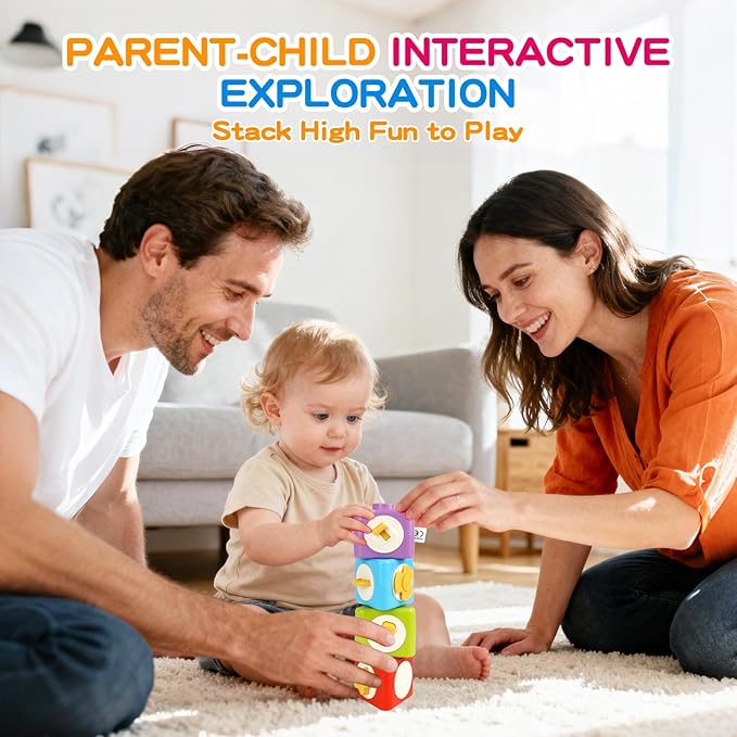 Montessori Activity Cube & Busy Board for 1 Year Old - 12-in-1 Travel Toys for Airplane & Car, Educational Activity Stacking & Sensory Toys for Toddlers 1-2, Valentine Gifts for Kids 1-2 Year Old