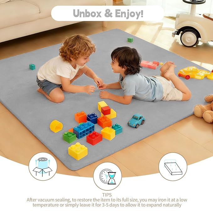 Velvet Baby Play Mat for Floor, 1.3" Thick Elasti-Foam 47"×47" Playpen Mat with Removable & Washable Velvet Cover for Toddler, Infant,Kids, Non-Slip Crawling Mat for Tummy Time (Grey)